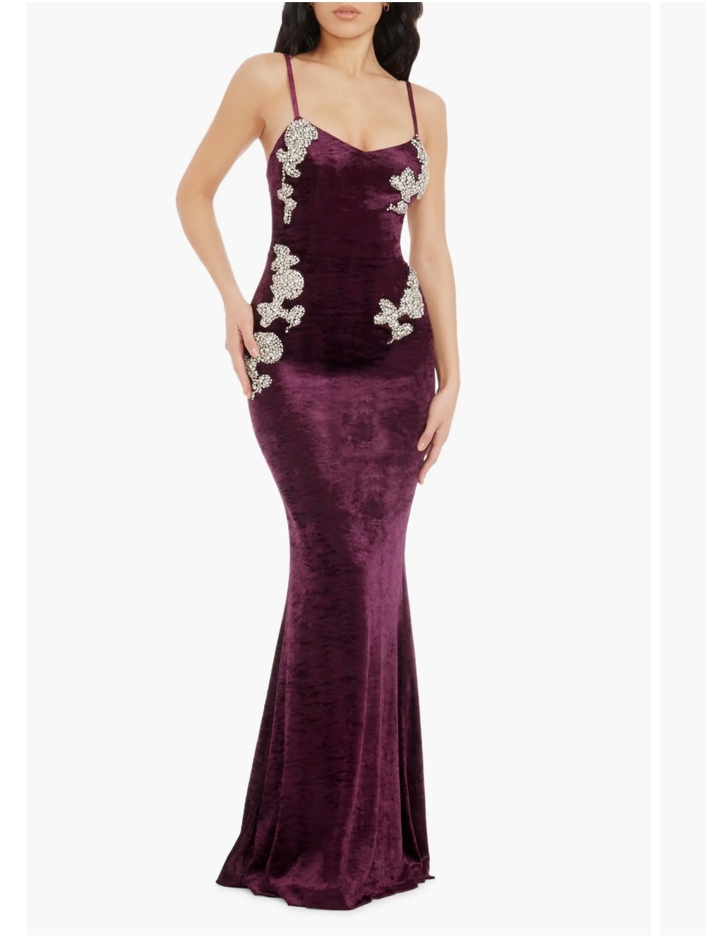 NWT Dress the Population Giovanna Crystal Detail Velvet Mermaid Gown Plum XXL